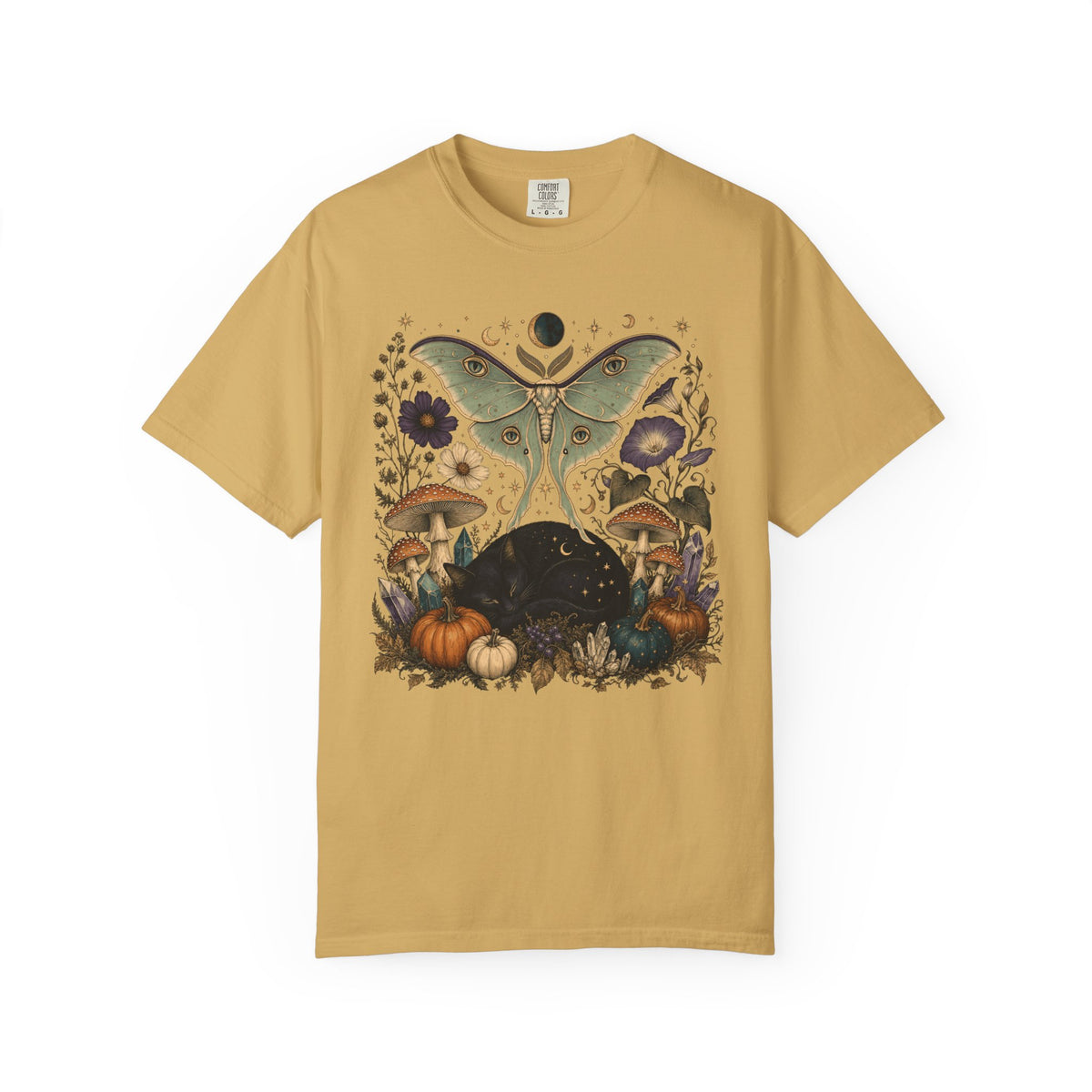 Celestial Black Cat T-Shirt – Witchy Moth & Mushroom Cat Lover Tee