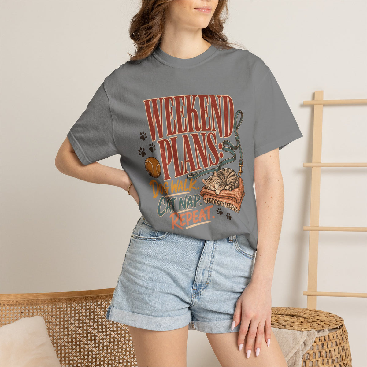 Weekend Plans Dog Walk Cat Nap Repeat T-Shirt – Funny Pet Parent Tee