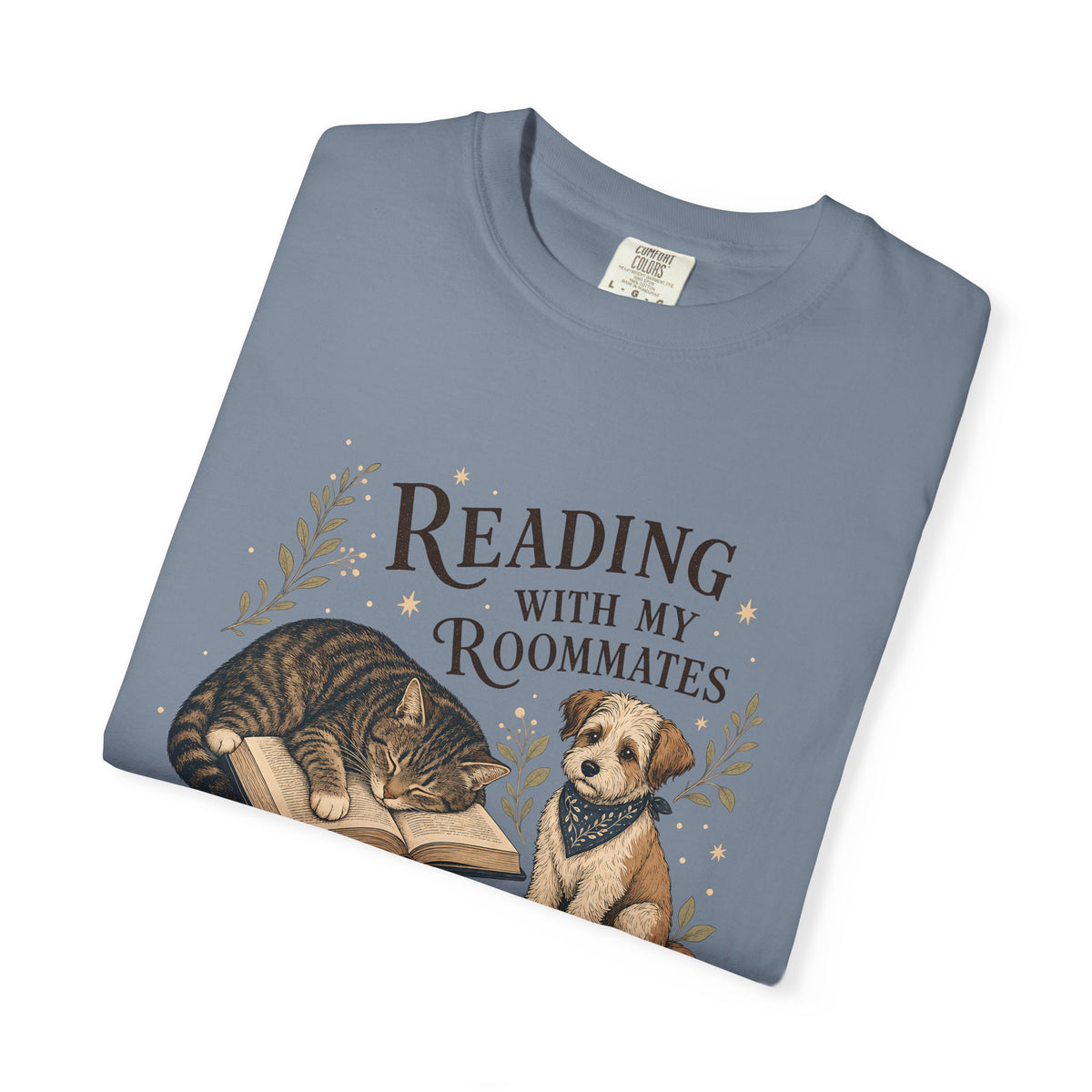 "Reading With My Roommates" Cat, Dog & Bunny Book Lover T-Shirt