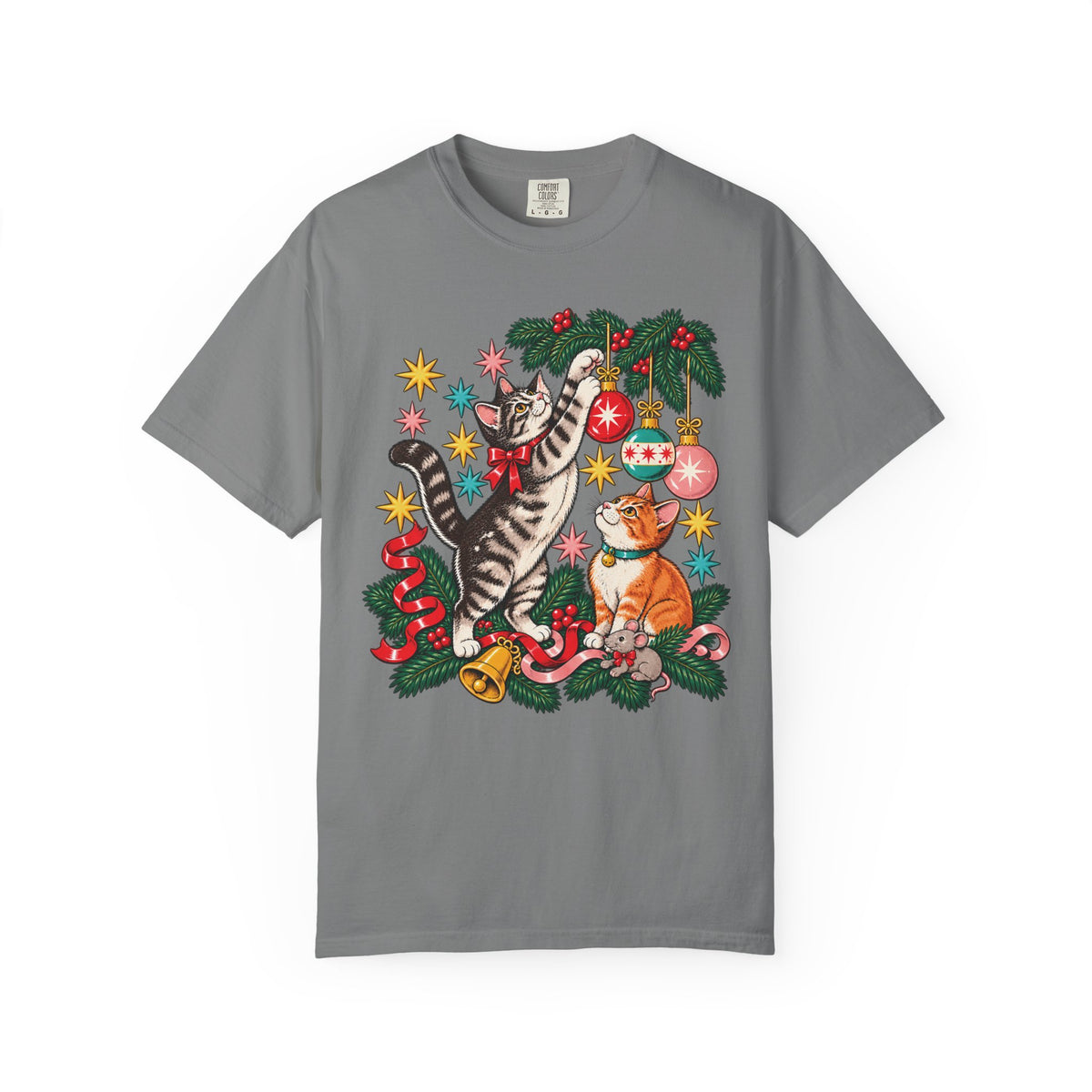 Retro Christmas Cats T-Shirt – Mischievous Cats & Ornaments Tee