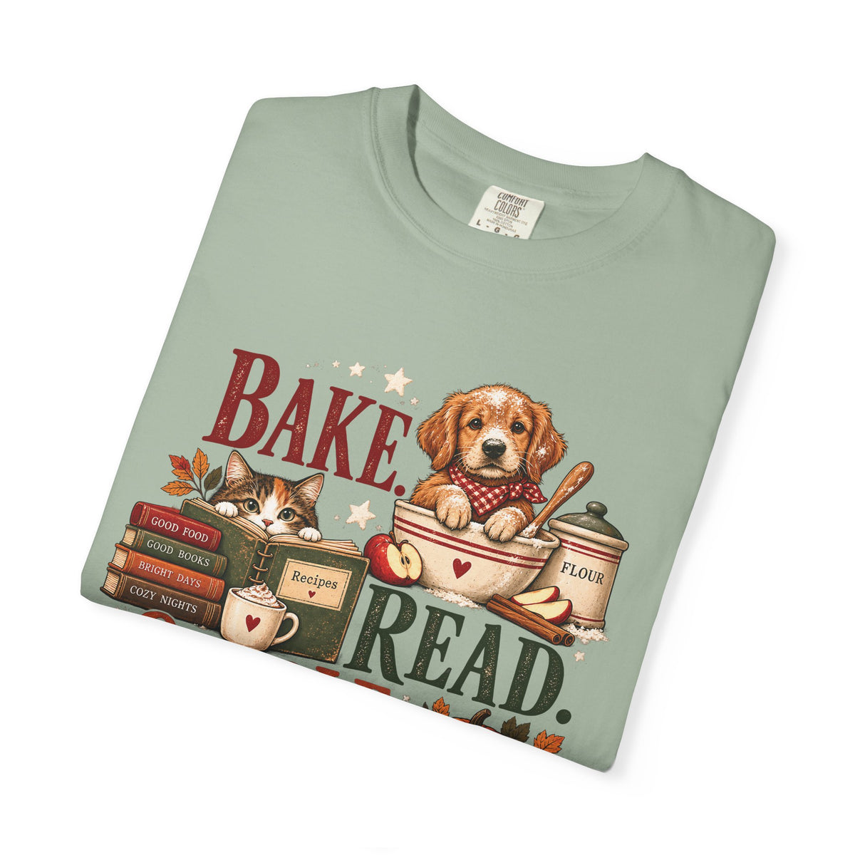 Bake. Read. Cuddle. Repeat. Pet Lover T-Shirt – Cozy Dog & Cat Book Lover Tee