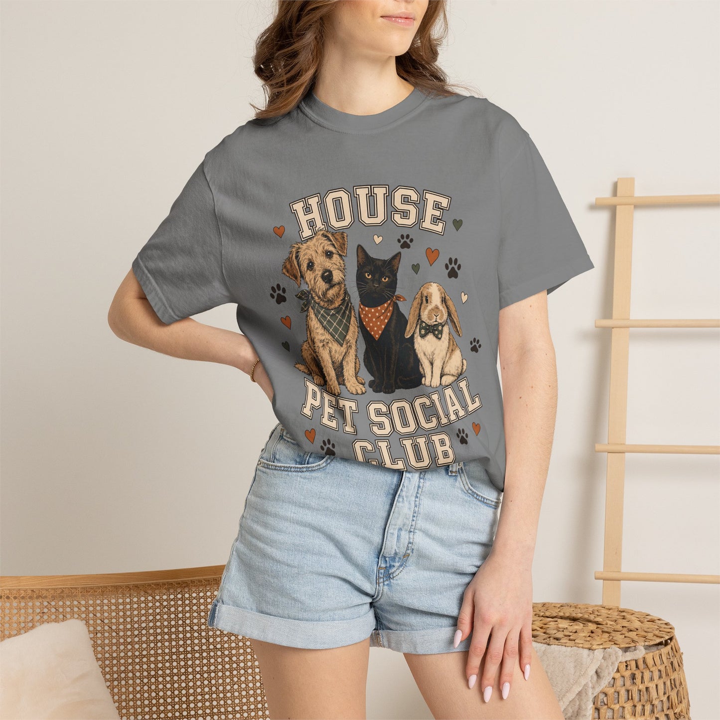 "House Pet Social Club" Varsity-Style Dog, Cat & Bunny T-Shirt