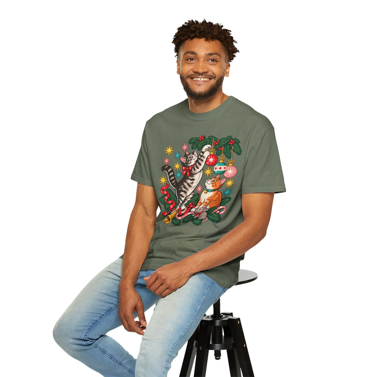 Retro Christmas Cats T-Shirt – Mischievous Cats & Ornaments Tee