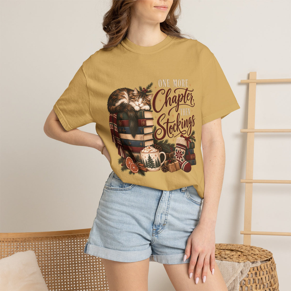 One More Chapter Then Stockings T-Shirt – Christmas Cat & Book Lover Tee