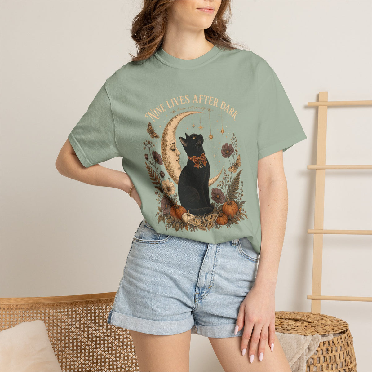 Nine Lives After Dark T-Shirt – Black Cat Celestial Moon Graphic Tee