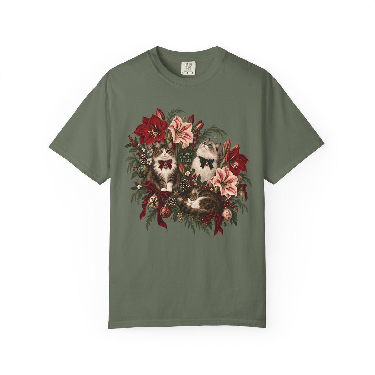 Christmas Curated by Cats T-Shirt – Elegant Vintage Christmas Cat Tee