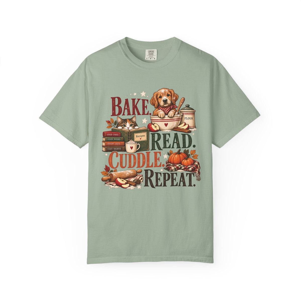 Bake. Read. Cuddle. Repeat. Pet Lover T-Shirt – Cozy Dog & Cat Book Lover Tee