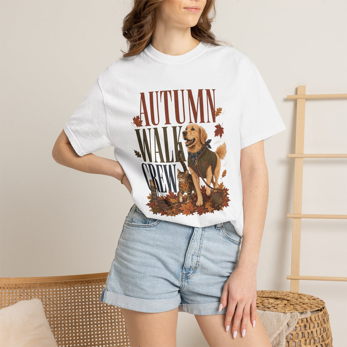Autumn Walk Crew T-Shirt – Fall Dog & Cat Pet Lover Graphic Tee
