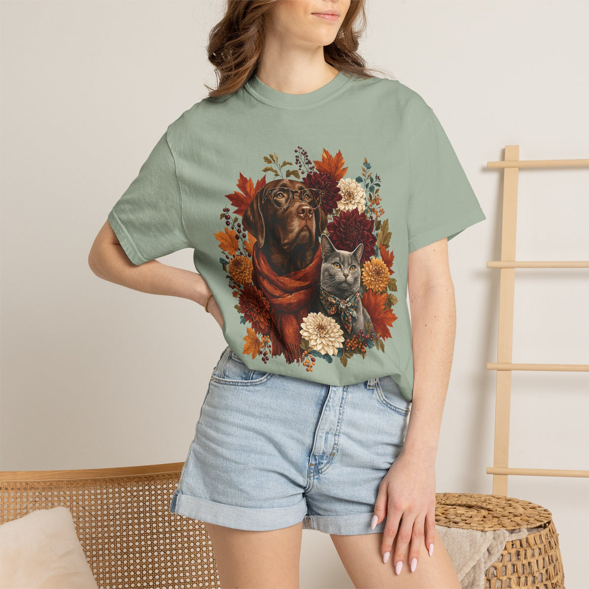 Autumn Dog & Cat T-Shirt – Vintage Floral Pet Lover Fall Graphic Tee