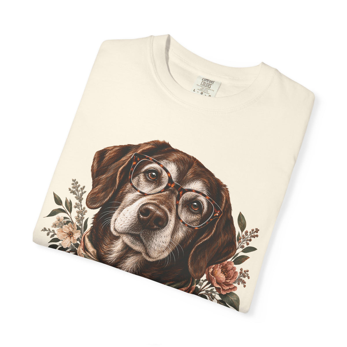 Vintage Floral Dog T-Shirt – Dog with Glasses & Botanical Scarf Tee