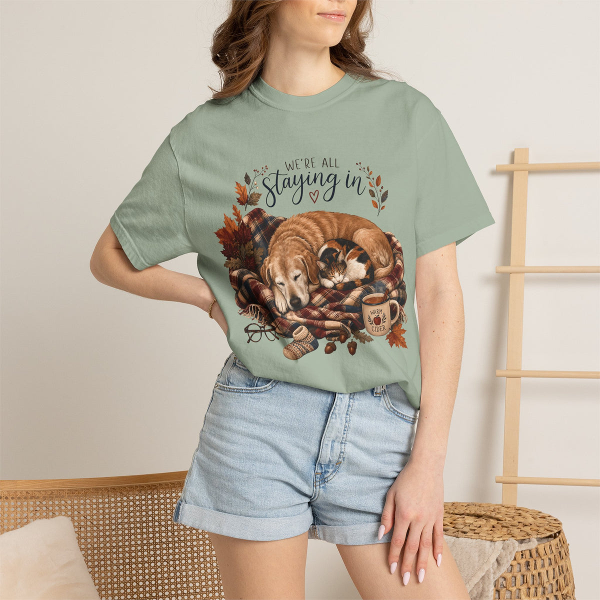 We’re All Staying In T-Shirt – Cozy Dog & Cat Pet Parent Fall Tee