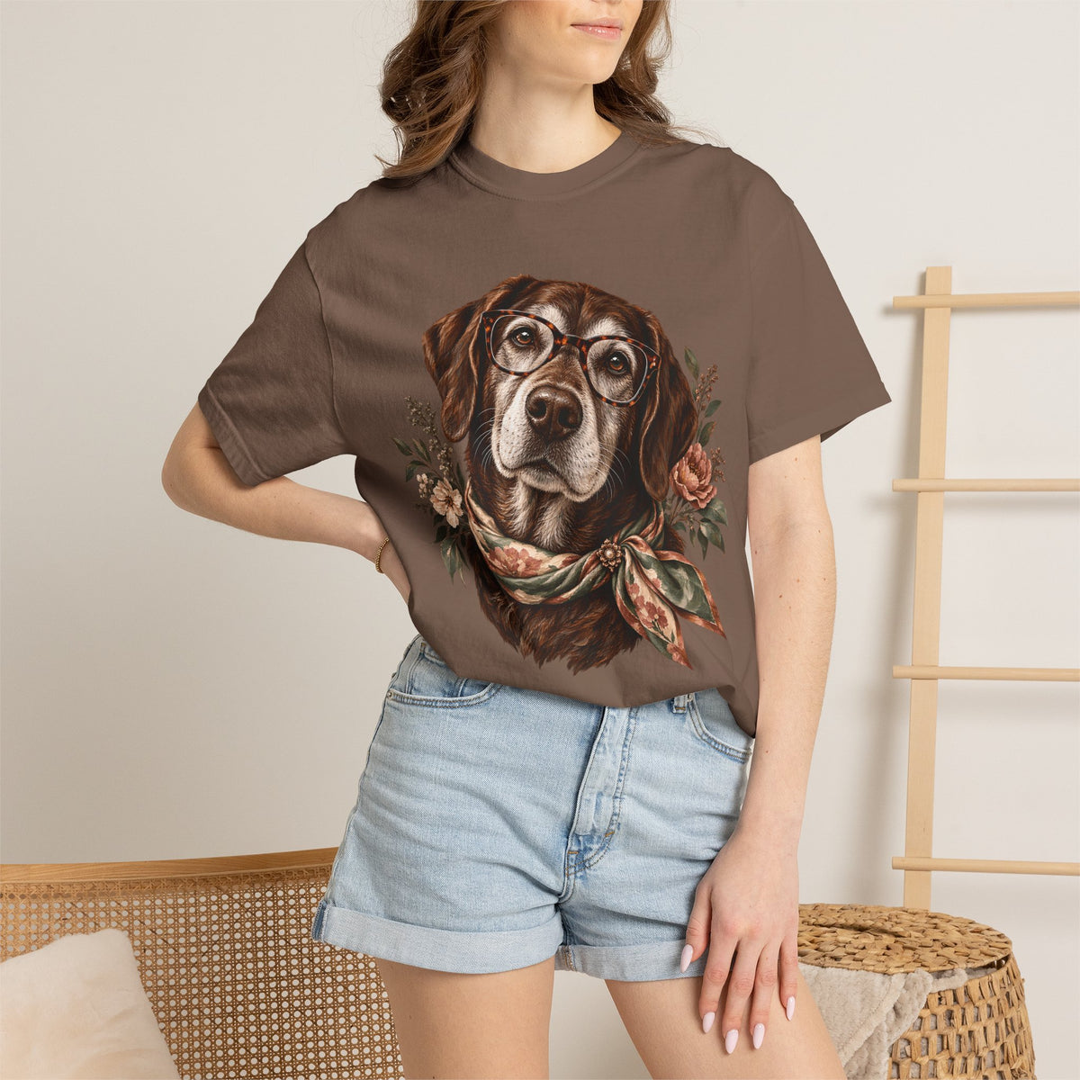 Vintage Floral Dog T-Shirt – Dog with Glasses & Botanical Scarf Tee