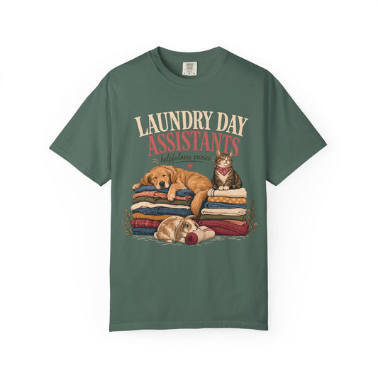 Laundry Day Assistants T-Shirt – Cute Dogs & Cat on Folded Clothes