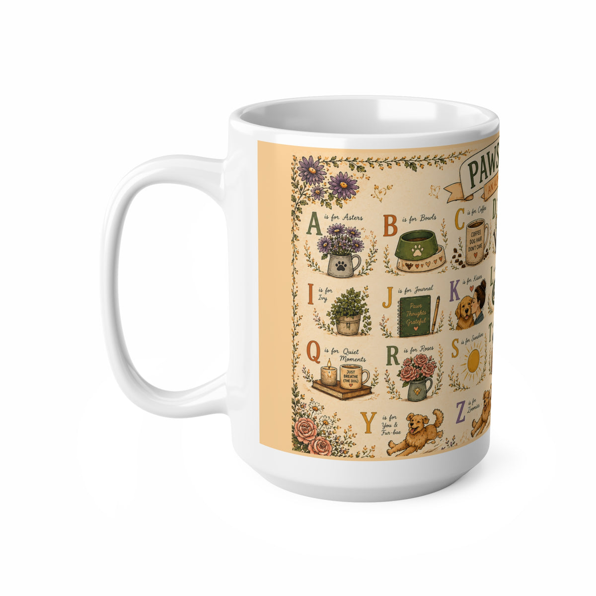 Paws & Petals Alphabet Ceramic Mug — Illustrated A–Z Pet Plants, 15oz Mug