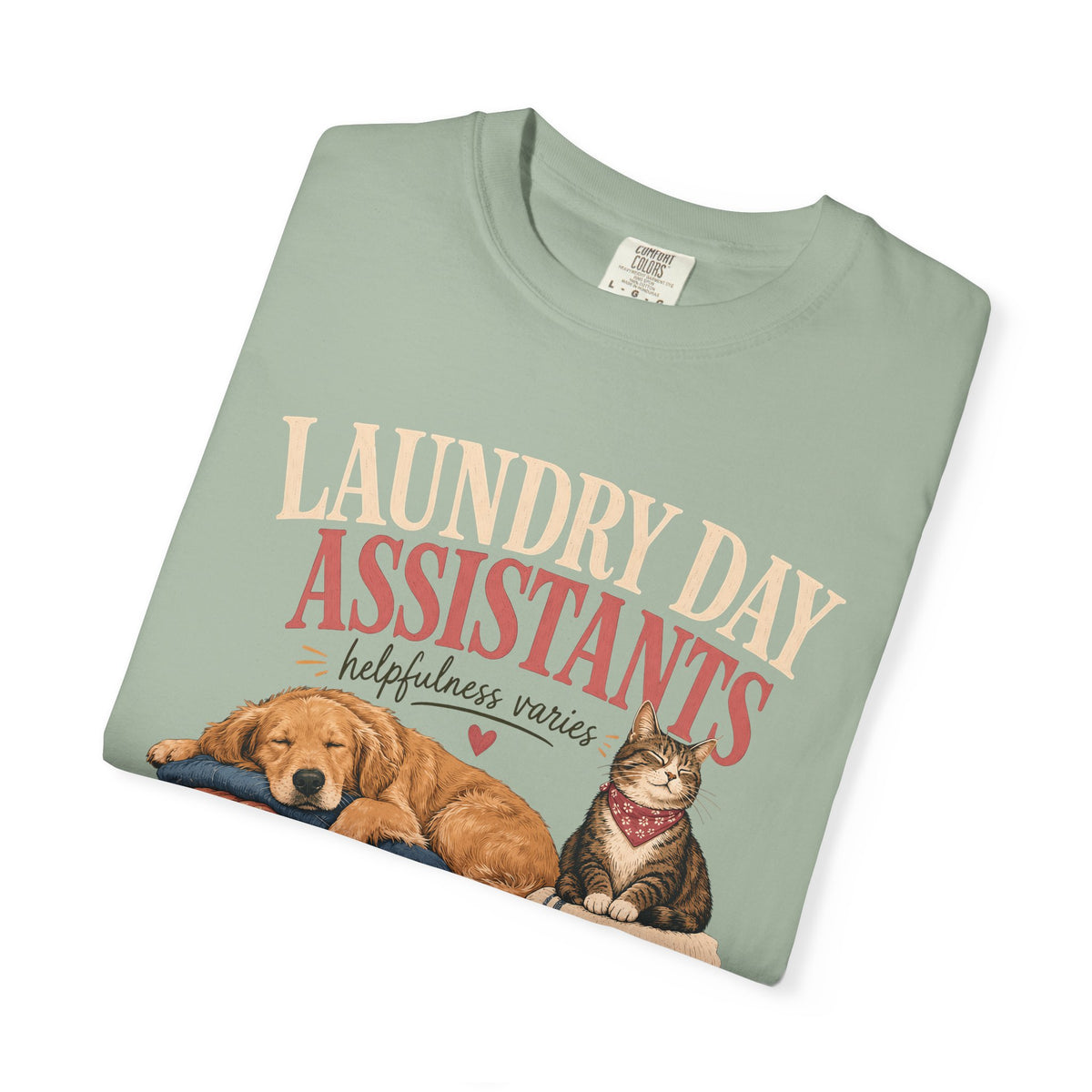 Laundry Day Assistants T-Shirt – Cute Dogs & Cat on Folded Clothes