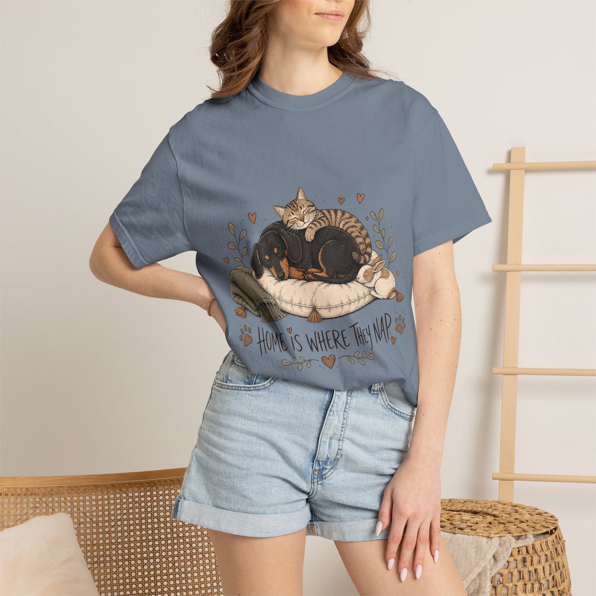 "Home Is Where They Nap" Sleepy Pets T-Shirt – Dachshund, Cat & Bunny Design