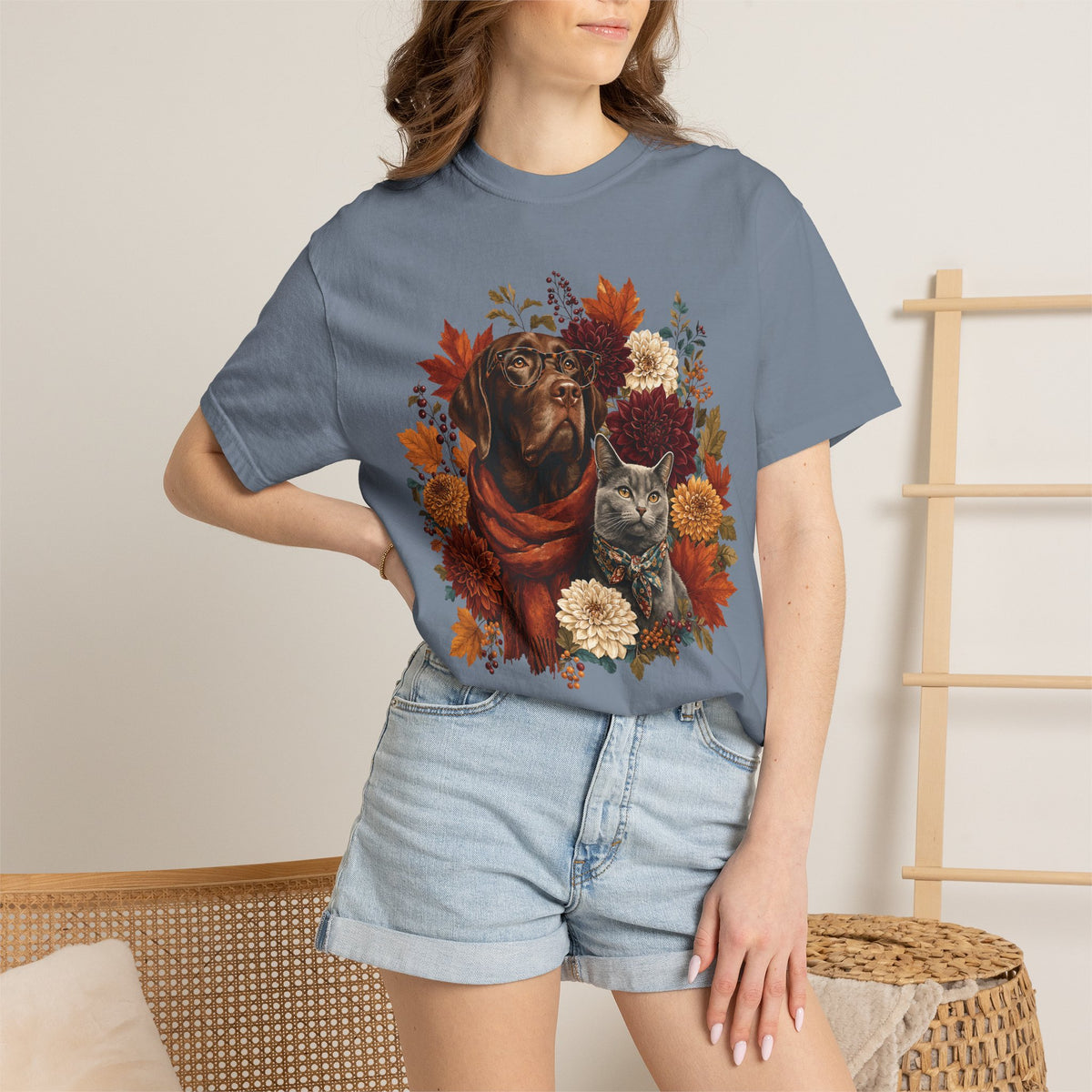 Autumn Dog & Cat T-Shirt – Vintage Floral Pet Lover Fall Graphic Tee