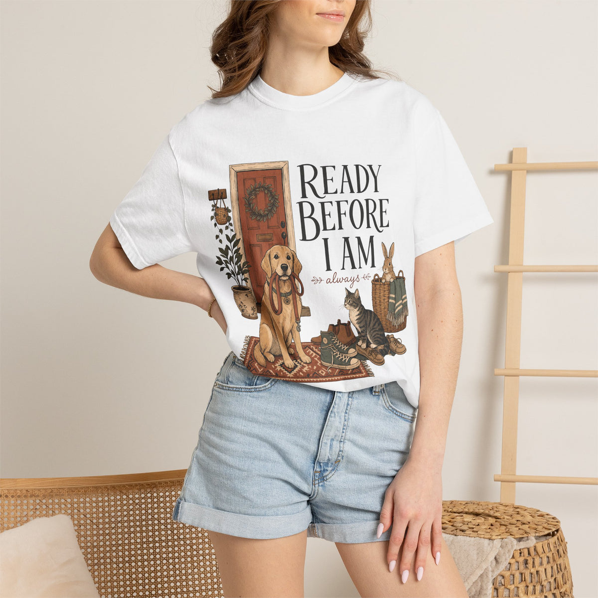 "Ready Before I Am, Always" Golden Retriever, Cat & Bunny T-Shirt