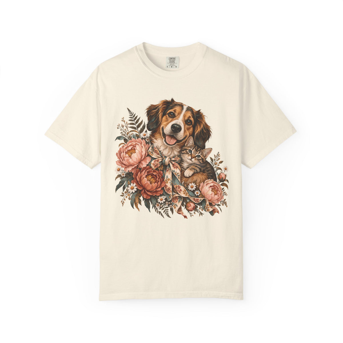 Floral Puppy & Kitten T-Shirt – Vintage Botanical Dog & Cat Lover Tee