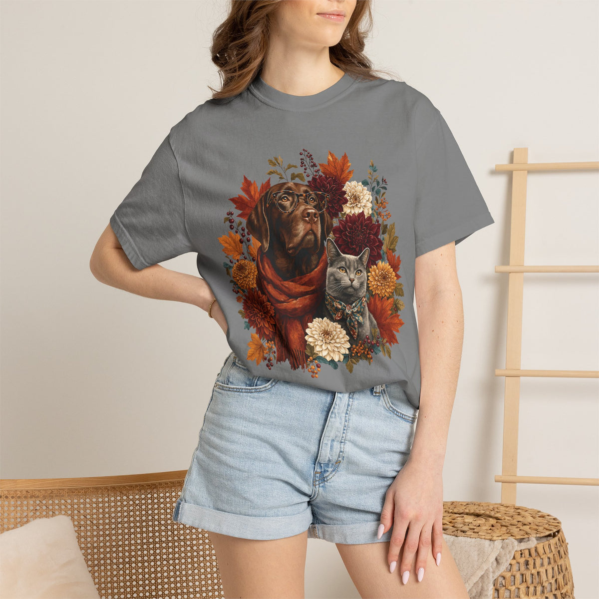 Autumn Dog & Cat T-Shirt – Vintage Floral Pet Lover Fall Graphic Tee