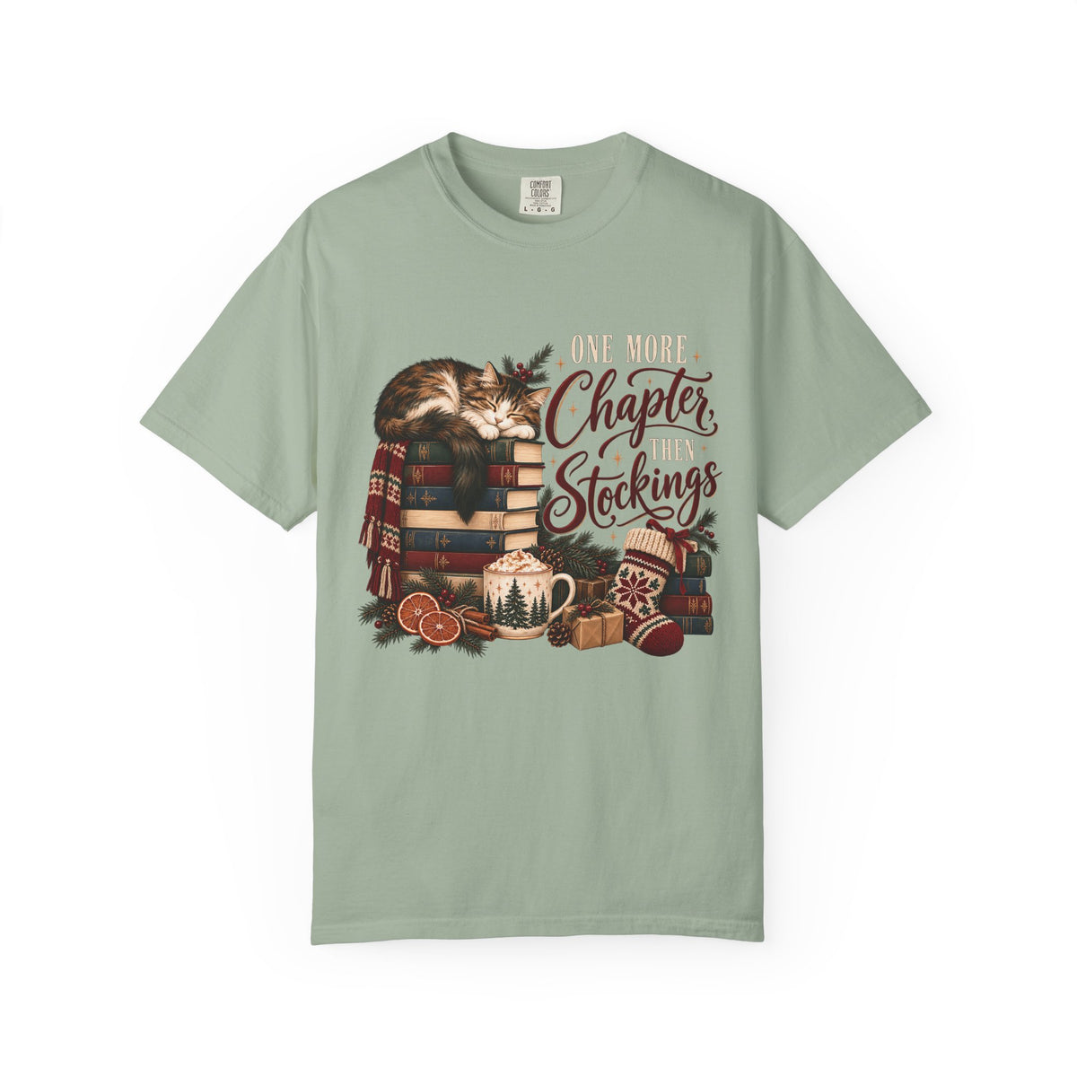 One More Chapter Then Stockings T-Shirt – Christmas Cat & Book Lover Tee