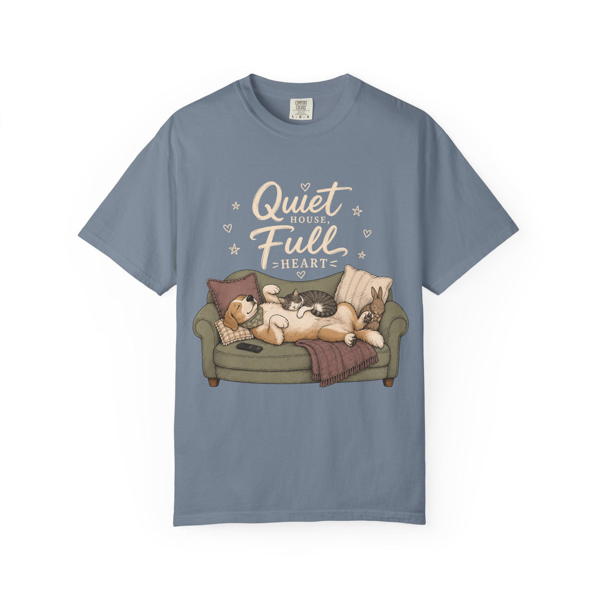 "Quiet House, Full Heart" Sleeping Dog, Cat & Bunny Sofa T-Shirt