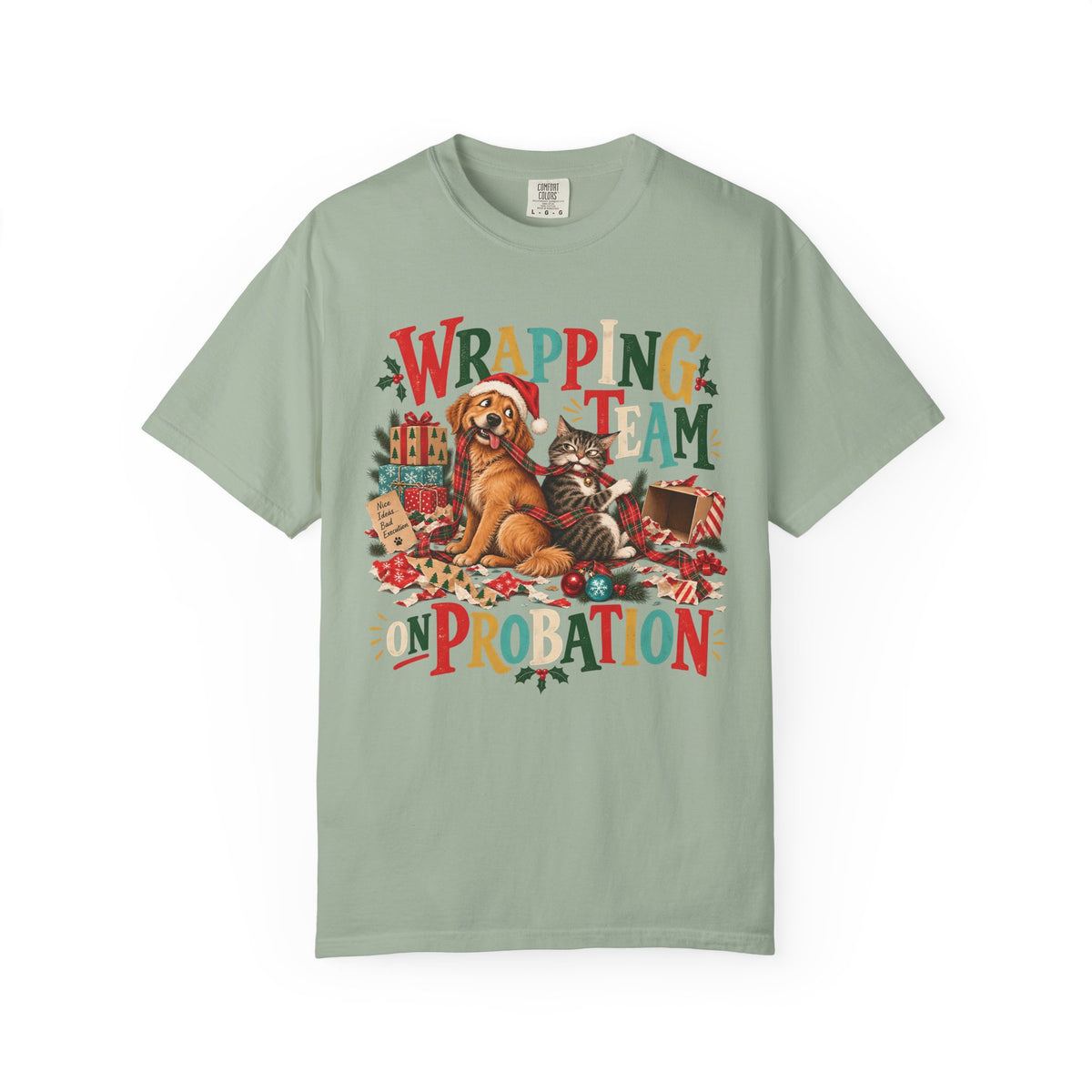 Wrapping Team on Probation T-Shirt – Funny Christmas Dog & Cat Tee