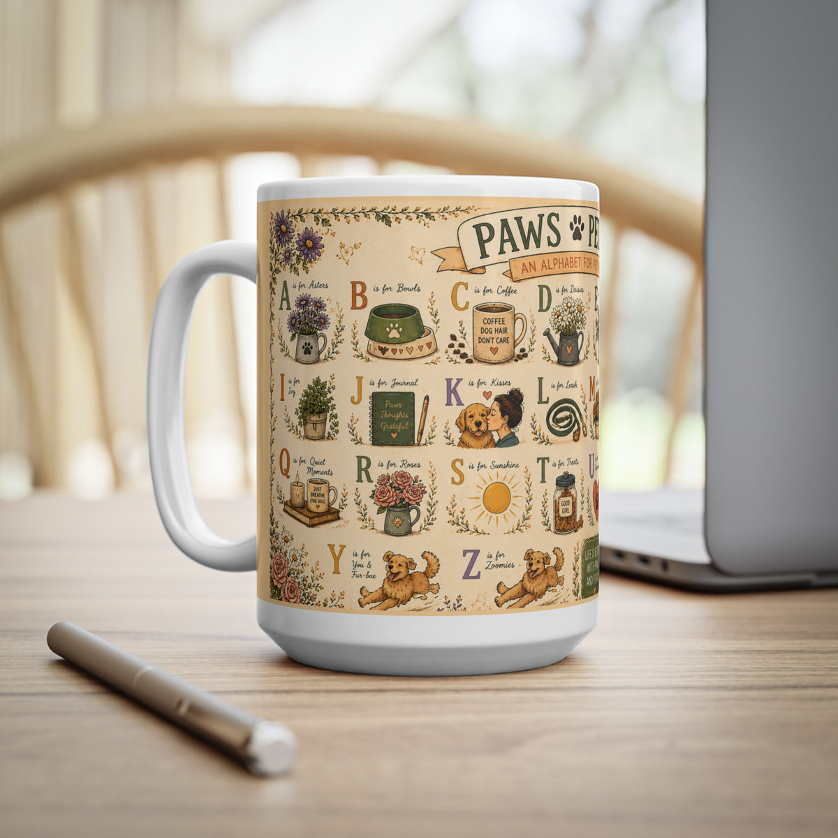 Paws & Petals Alphabet Ceramic Mug — Illustrated A–Z Pet Plants, 15oz Mug