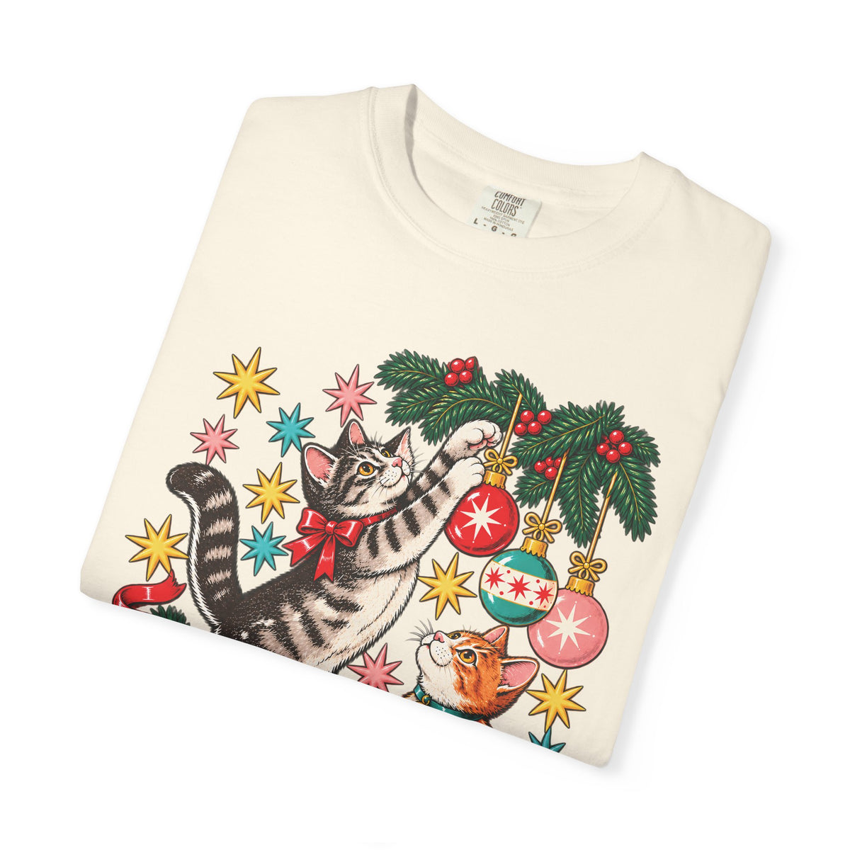 Retro Christmas Cats T-Shirt – Mischievous Cats & Ornaments Tee
