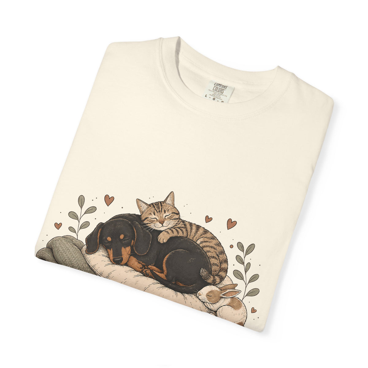 "Home Is Where They Nap" Sleepy Pets T-Shirt – Dachshund, Cat & Bunny Design