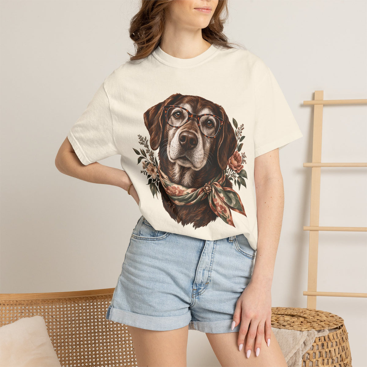 Vintage Floral Dog T-Shirt – Dog with Glasses & Botanical Scarf Tee
