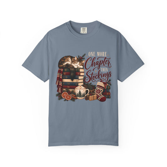 One More Chapter Then Stockings T-Shirt – Christmas Cat & Book Lover Tee