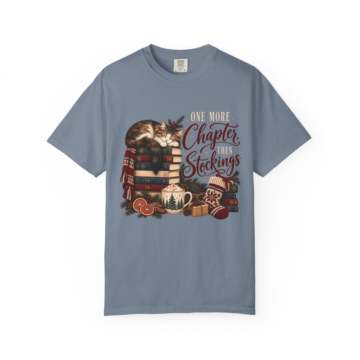 One More Chapter Then Stockings T-Shirt – Christmas Cat & Book Lover Tee