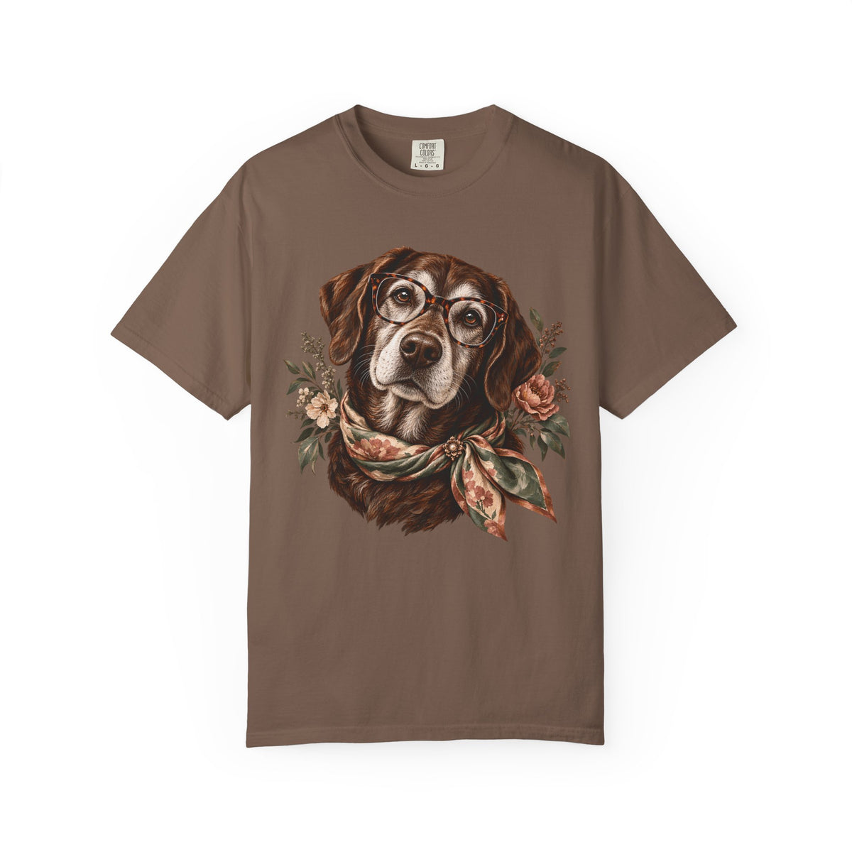 Vintage Floral Dog T-Shirt – Dog with Glasses & Botanical Scarf Tee