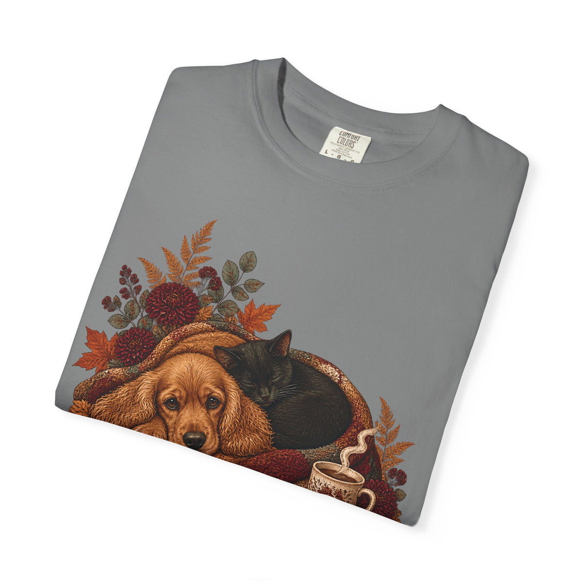 Cozy Autumn Dog & Cat T-Shirt – Sleeping Puppy and Kitten Fall Tee