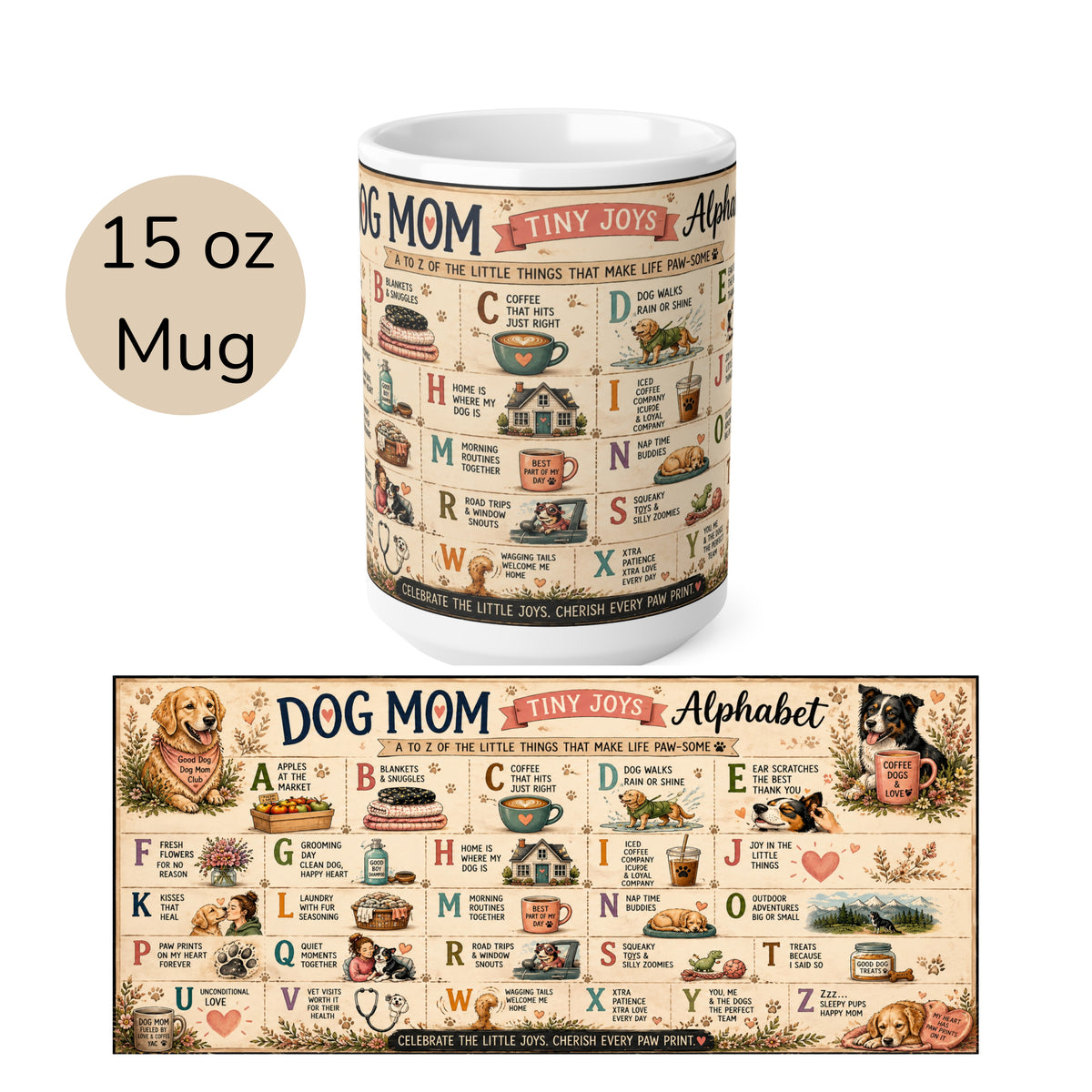 Dog Mom Alphabet Ceramic Coffee Mug — Vintage Illustrated 15oz