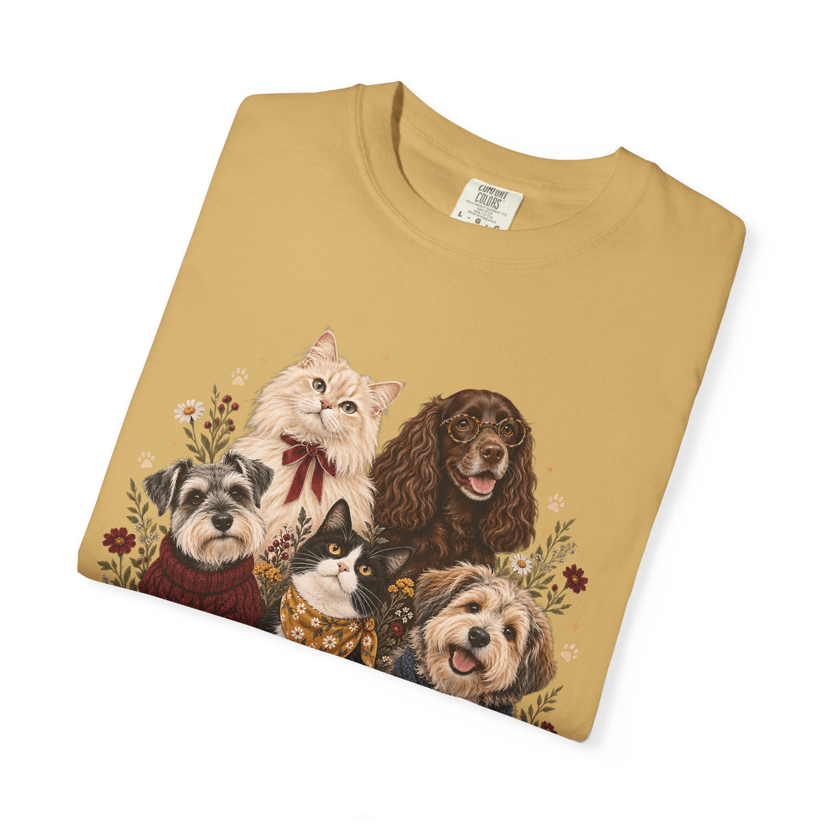 Dog & Cat Family T-Shirt – Vintage Botanical Five Pets Tee