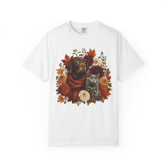 Autumn Dog & Cat T-Shirt – Vintage Floral Pet Lover Fall Graphic Tee