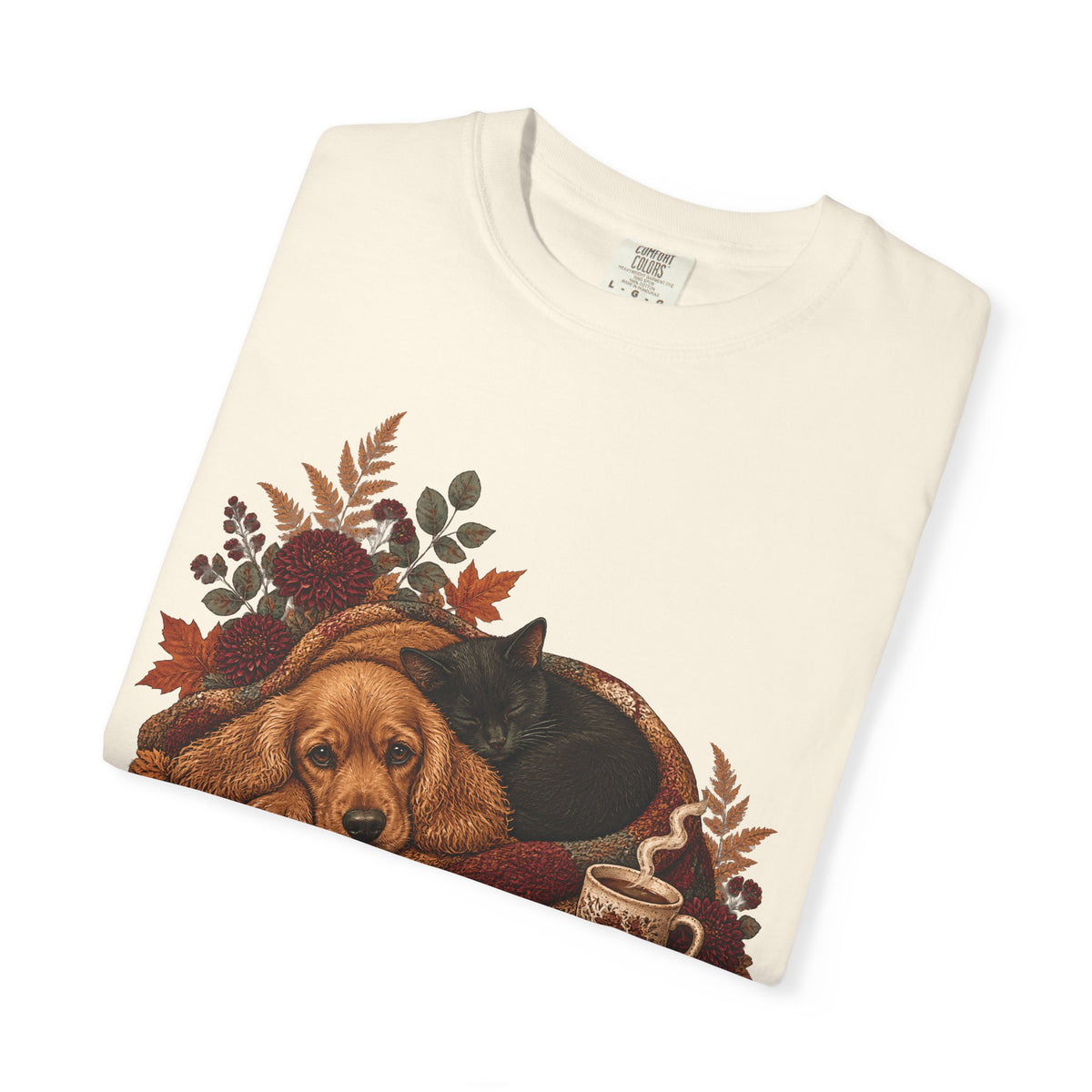 Cozy Autumn Dog & Cat T-Shirt – Sleeping Puppy and Kitten Fall Tee