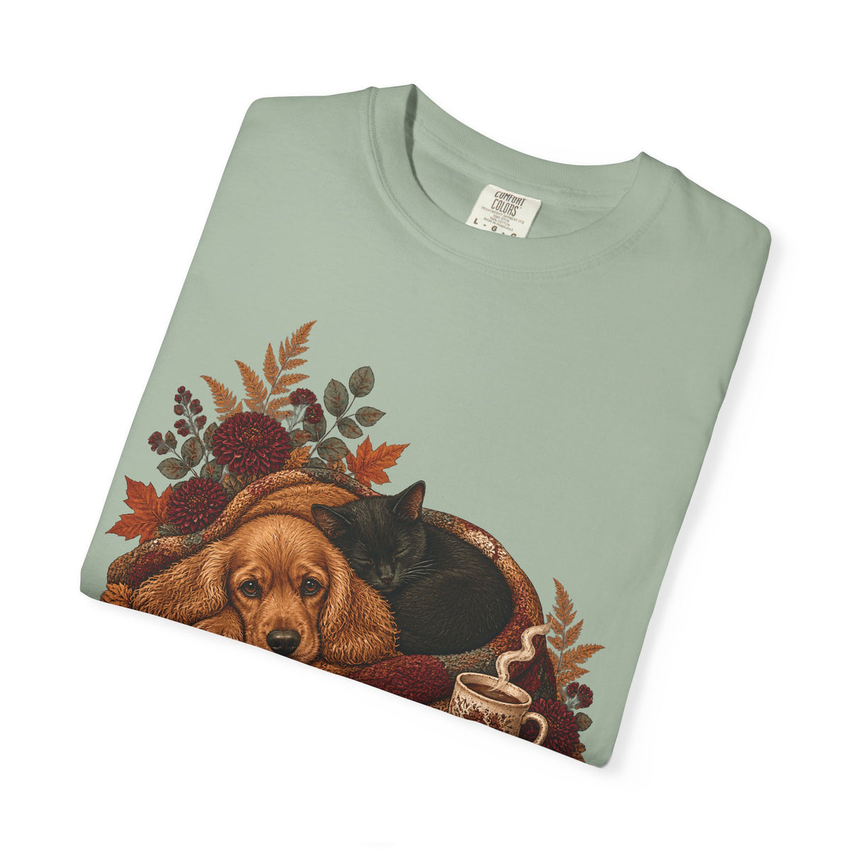 Cozy Autumn Dog & Cat T-Shirt – Sleeping Puppy and Kitten Fall Tee