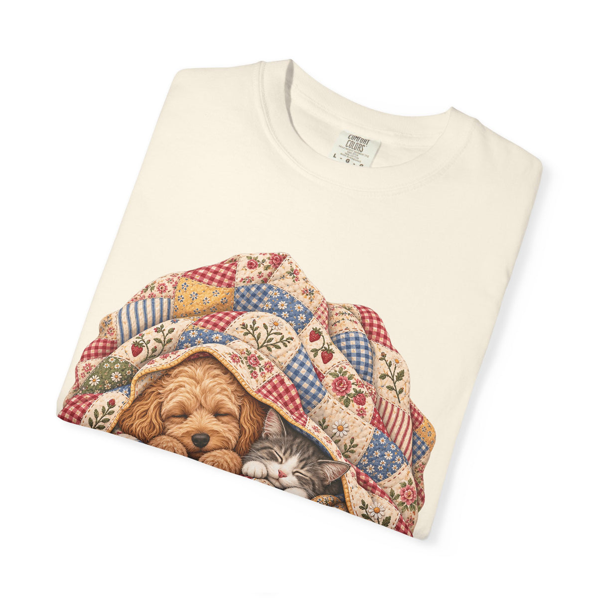 Sleeping Puppy & Kitten T-Shirt – Vintage Patchwork Quilt Pet Lover Tee