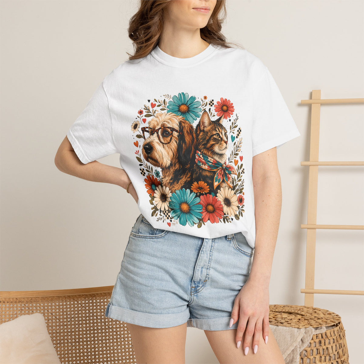 Retro Floral Dog and Cat T-Shirt – Colorful Pet Mom Graphic