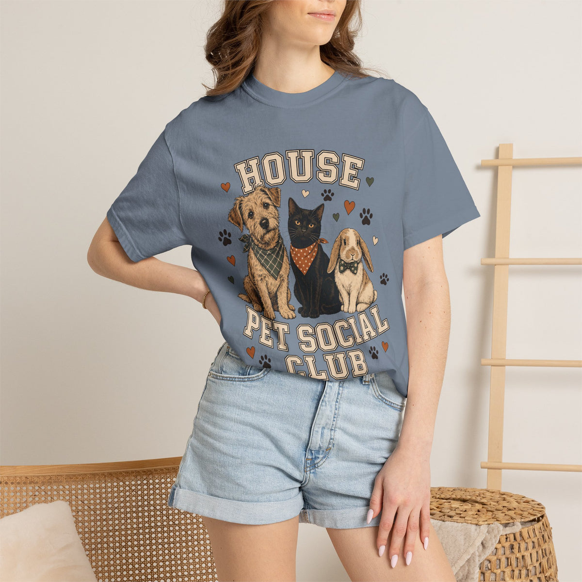"House Pet Social Club" Varsity-Style Dog, Cat & Bunny T-Shirt
