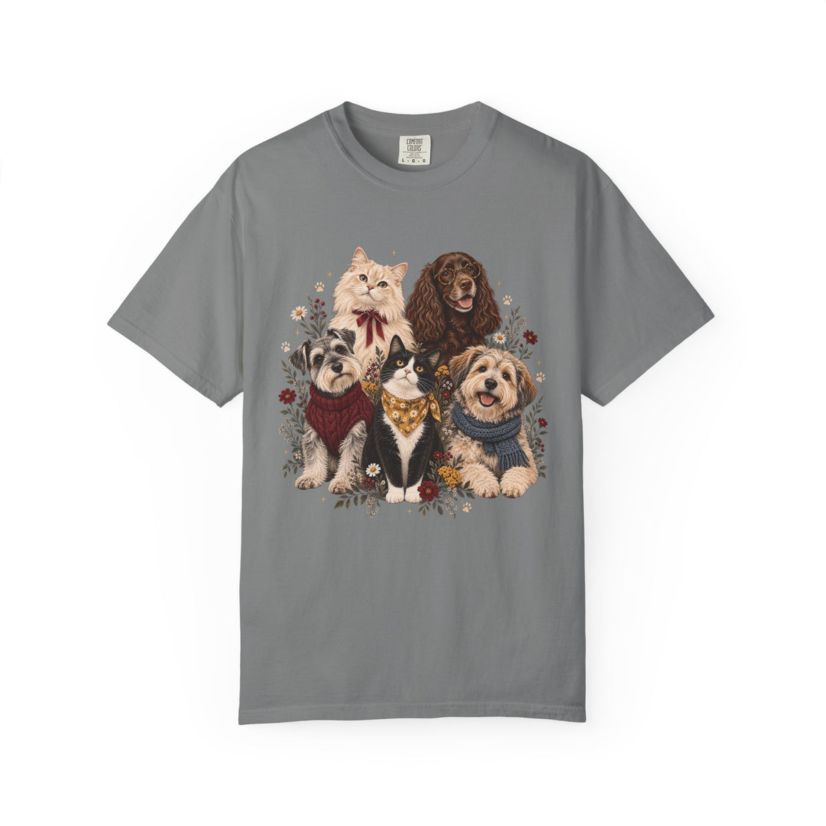 Dog & Cat Family T-Shirt – Vintage Botanical Five Pets Tee