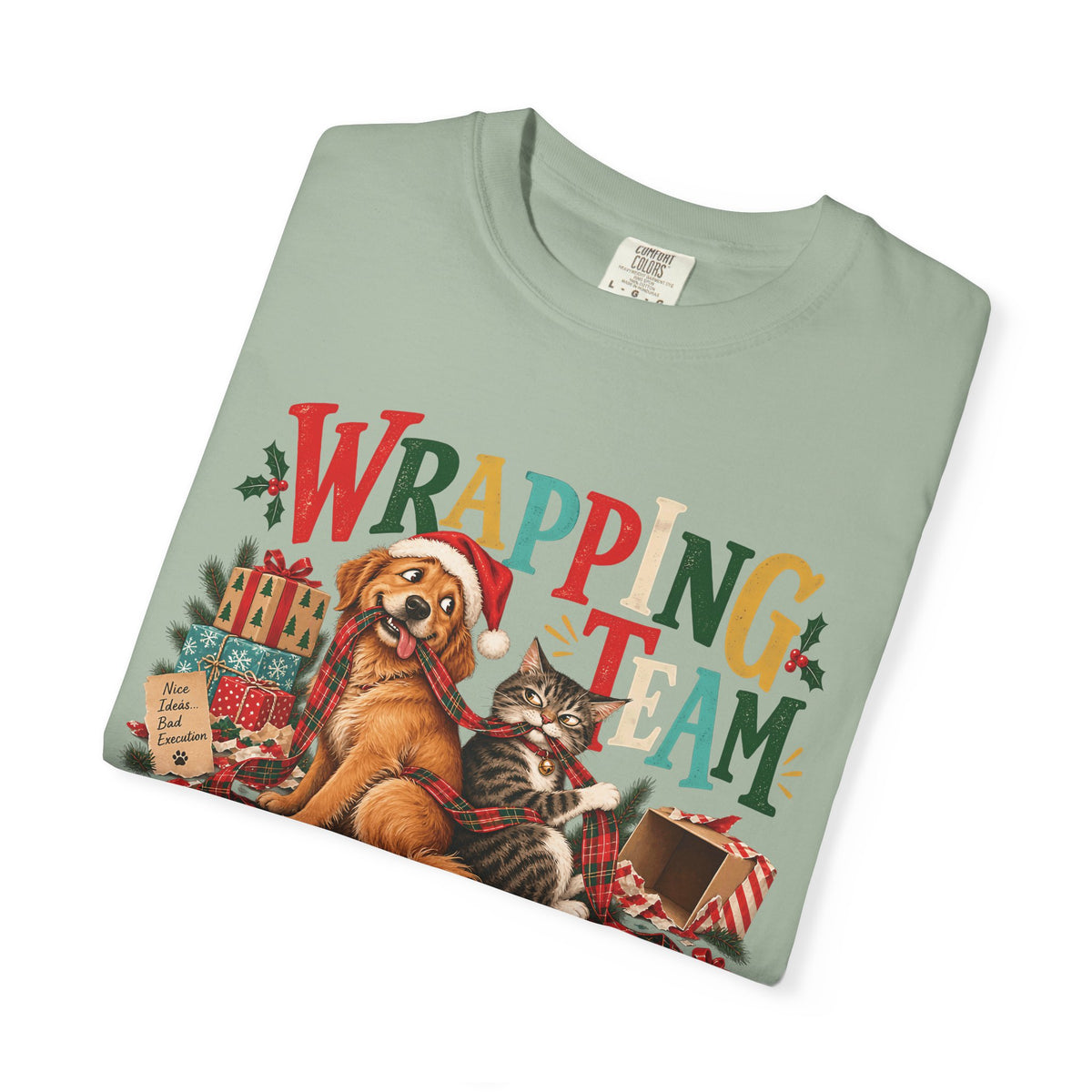 Wrapping Team on Probation T-Shirt – Funny Christmas Dog & Cat Tee