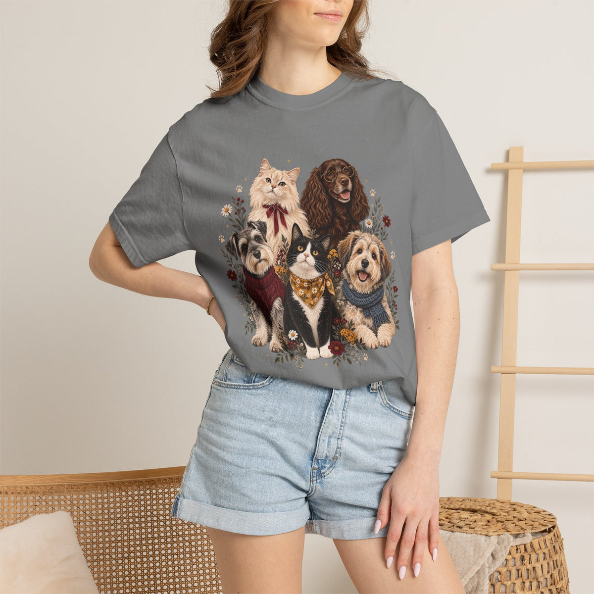 Dog & Cat Family T-Shirt – Vintage Botanical Five Pets Tee
