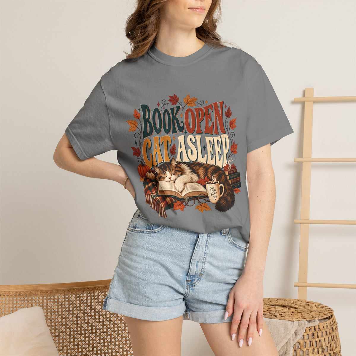 Book Open Cat Asleep T-Shirt – Cozy Cat Lover & Reader Tee