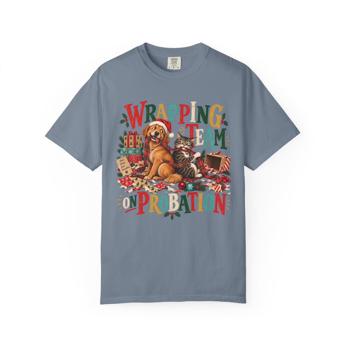 Wrapping Team on Probation T-Shirt – Funny Christmas Dog & Cat Tee