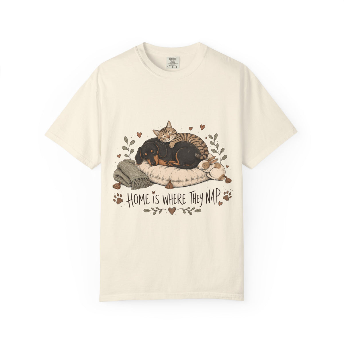 "Home Is Where They Nap" Sleepy Pets T-Shirt – Dachshund, Cat & Bunny Design