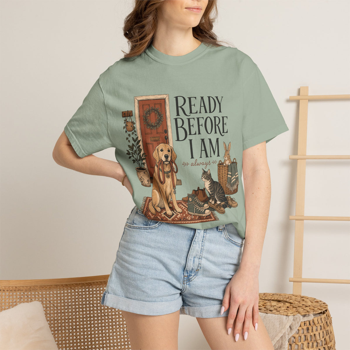 "Ready Before I Am, Always" Golden Retriever, Cat & Bunny T-Shirt